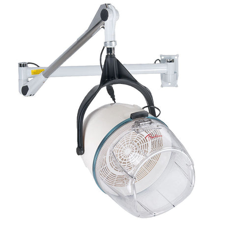 White suspended wall mount hood dryer by Beauty System, BB-6082H model, with adjustable hanging and ventilation features.
