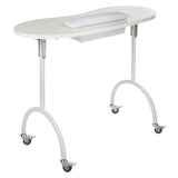 Foldable Beauty System manicure table with adjustable height and storage, shown with included carrying bag for easy transport.