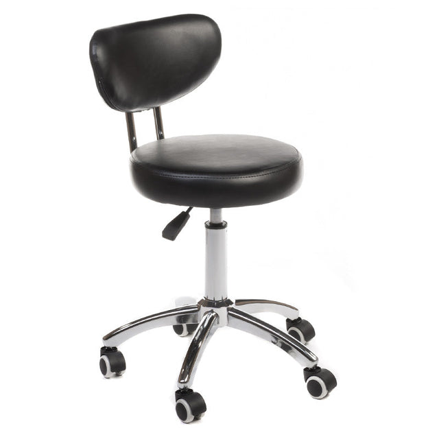 Black cosmetic stool with backrest, BT-229 model by Beauty System, featuring a cushioned seat and sturdy base for salon or spa use.