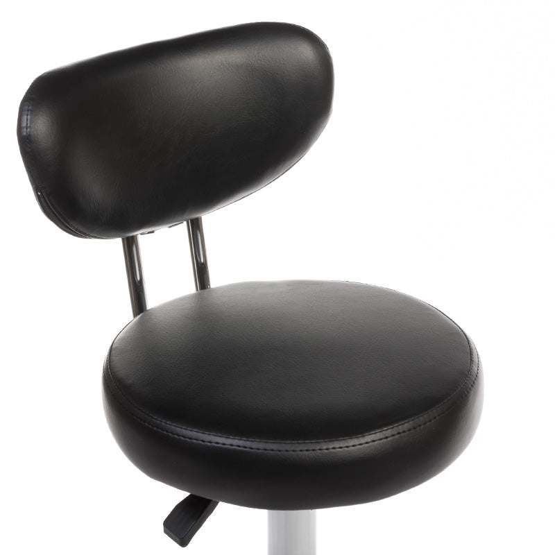 Black cosmetic stool with backrest from Beauty System, featuring a padded seat and sturdy base for salon or beauty treatment use.