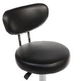 Black cosmetic stool with backrest from Beauty System, featuring a padded seat and sturdy base for salon or beauty treatment use.