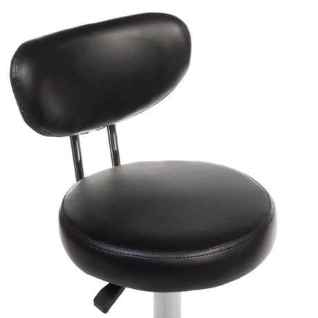 Black cosmetic stool with backrest from Beauty System, featuring a padded seat and sturdy base for salon or beauty treatment use.