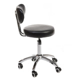 Black cosmetic stool with backrest from Beauty System, featuring a cushioned seat and sturdy metal frame for professional salon use.