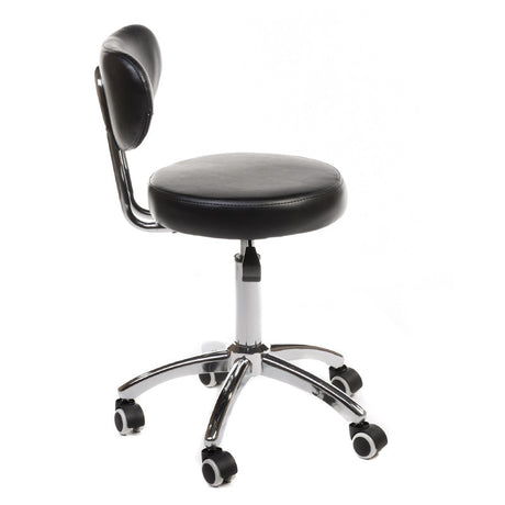 Black cosmetic stool with backrest from Beauty System, featuring a cushioned seat and sturdy metal frame for professional salon use.