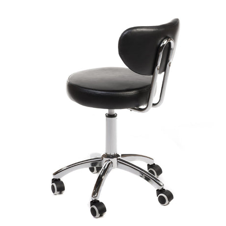 Black cosmetic stool with backrest, model BT-229 from Beauty System, featuring a padded seat and sturdy base for salon or beauty use.