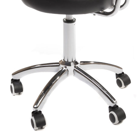 Black cosmetic stool with backrest, model BT-229 from Beauty System, featuring a cushioned seat and sturdy metal frame.