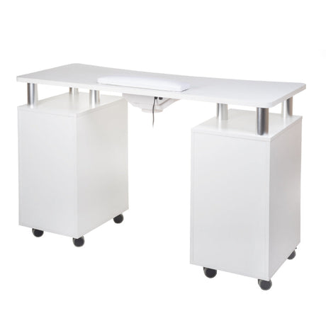 White manicure table with built-in dust extractor from Beauty System, featuring workspace and integrated ventilation for nail salon use.