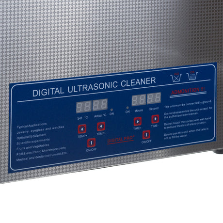 Ultrasonic Cleaner 15L by Beauty System, with stainless steel interior and control panel, used for cleaning jewelry and tools.