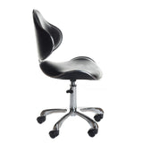 Black cosmetology stool with backrest and adjustable height from Beauty System, featuring a cushioned seat and sturdy base.