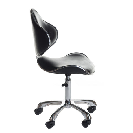 Black cosmetology stool with backrest and adjustable height from Beauty System, featuring a cushioned seat and sturdy base.