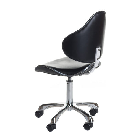 Black cosmetology stool with backrest by Beauty System, featuring adjustable height and cushioned seat for salon or spa use.