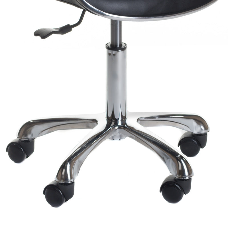 Black cosmetology stool with backrest from Beauty System, featuring adjustable height and cushioned seat for salon or spa use.