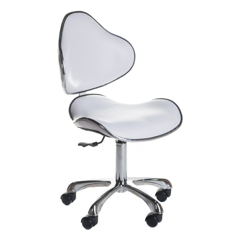 Beauty System cosmetic stool with backrest in white, adjustable height and cushioned seat for professional beauty treatments.