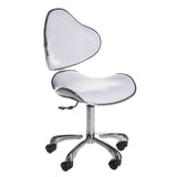 Beauty System cosmetic stool with backrest in white, adjustable height and cushioned seat for professional beauty treatments.