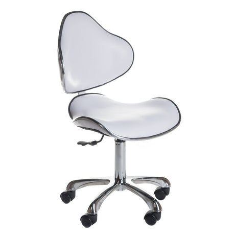 Beauty System cosmetic stool with backrest in white, adjustable height and cushioned seat for professional beauty treatments.