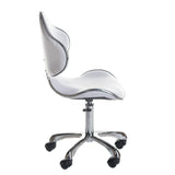 White cosmetic stool with backrest from Beauty System, featuring a padded seat and sturdy base for professional beauty treatments.