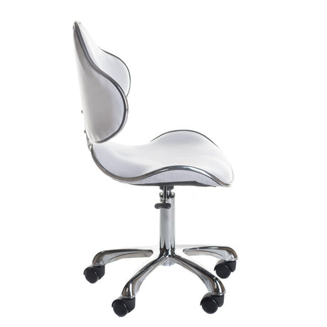 White cosmetic stool with backrest from Beauty System, featuring a padded seat and sturdy base for professional beauty treatments.