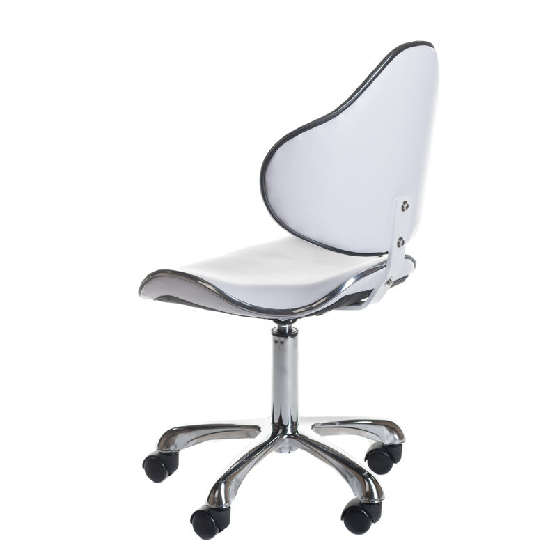 White cosmetic stool with backrest and chrome base, model BD-9933 by Beauty System, designed for professional beauty salon use.