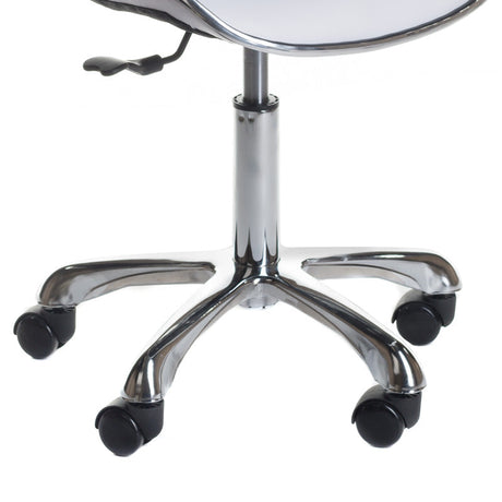 Beauty System cosmetic stool with backrest in white, adjustable height and padded seat for professional beauty salon use.