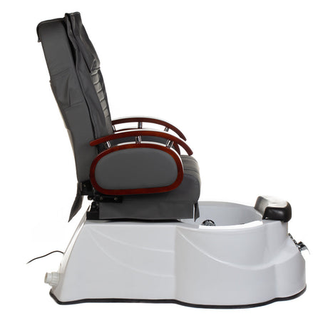 Gray pedicure armchair with massage features from Beauty System, showcasing cushioned seat and armrests for client comfort.