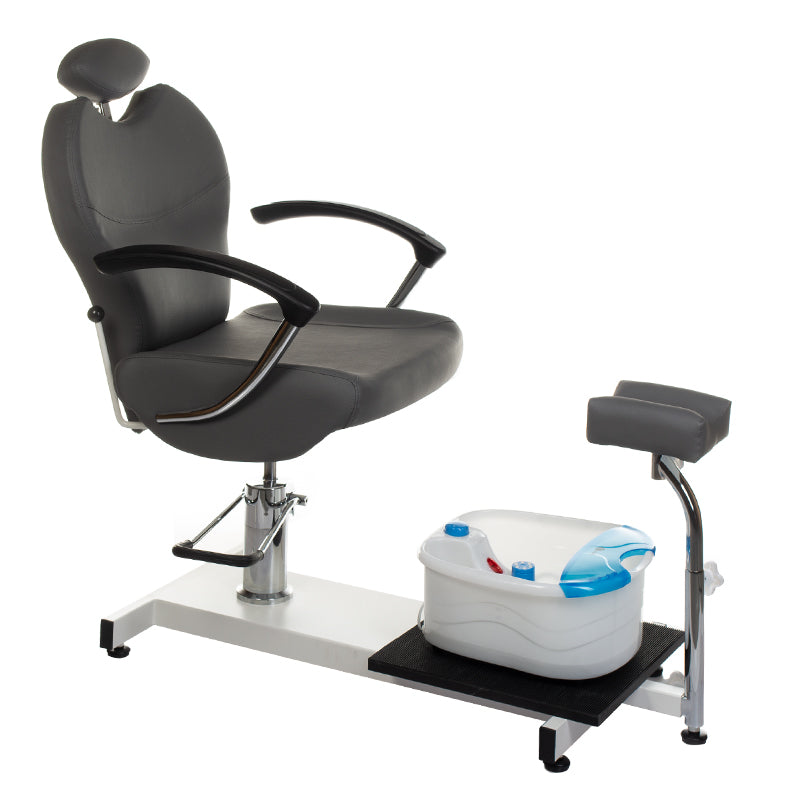 Gray pedicure chair with foot massager from Beauty System, featuring cushioned seat and built-in foot spa for relaxing foot treatments.