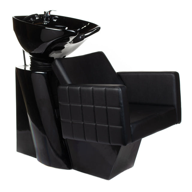 Beauty System Ernesto black hair washing station with sink and chair for salon use, featuring sleek black design and comfortable seating.