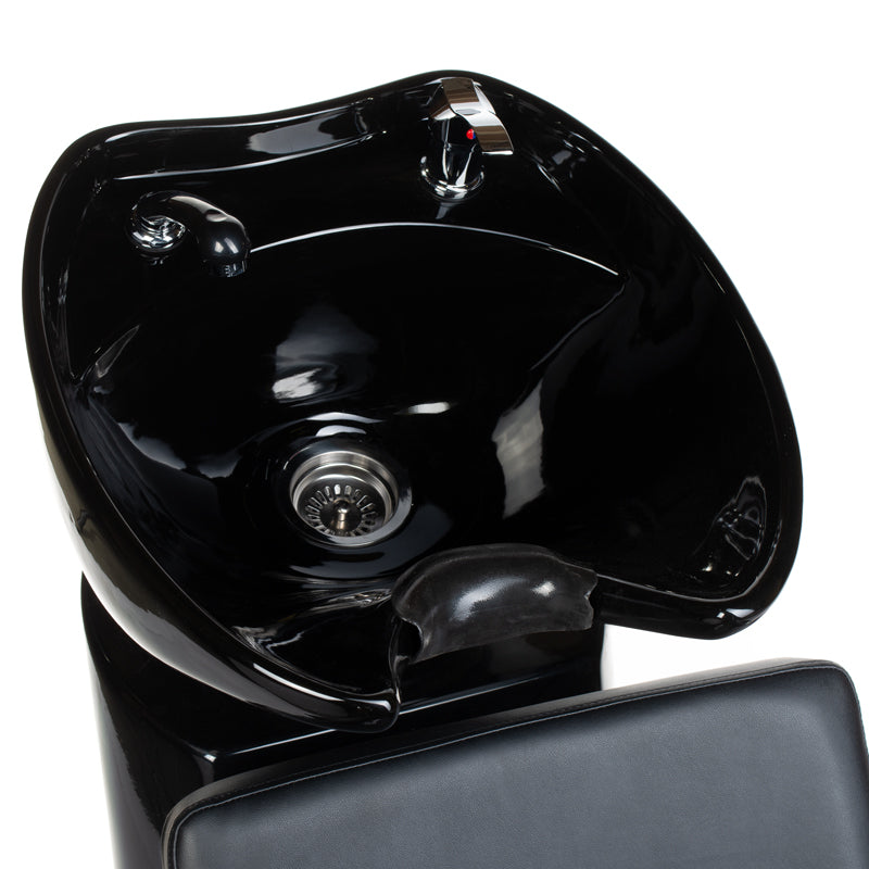 Beauty System Ernesto black hair washing station with sink and adjustable chair for salon use.