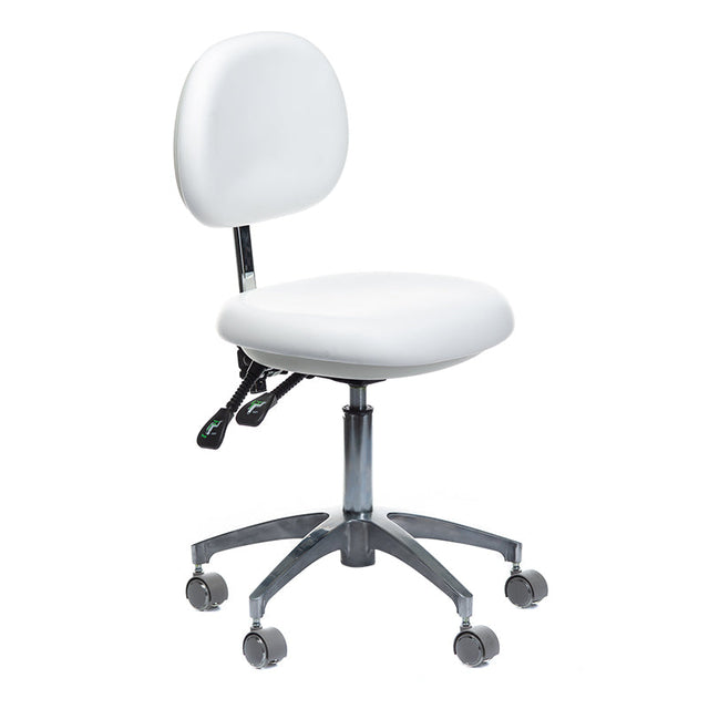 White medical stool with backrest, Beauty System BD-Y941, featuring adjustable height and cushioned seat for clinical or salon use.