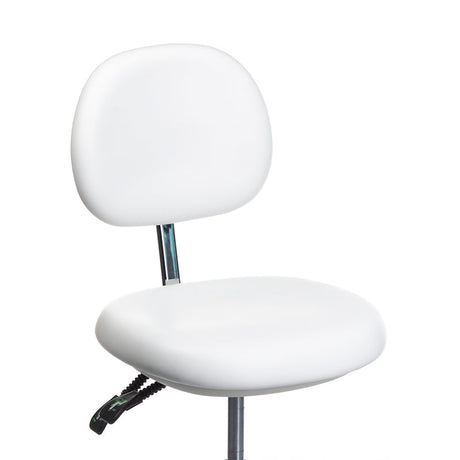 White medical stool with backrest, BD-Y941 model by Beauty System, featuring adjustable height and ergonomic design.