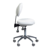 White medical stool with backrest from Beauty System, featuring adjustable height and ergonomic design for healthcare settings.