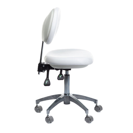White medical stool with backrest from Beauty System, featuring adjustable height and ergonomic design for healthcare settings.