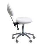 White medical stool with backrest from Beauty System, featuring adjustable height and ergonomic design for clinical use.