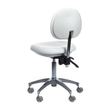 White medical stool with backrest from Beauty System, featuring adjustable height and cushioned seat for clinical or salon use.