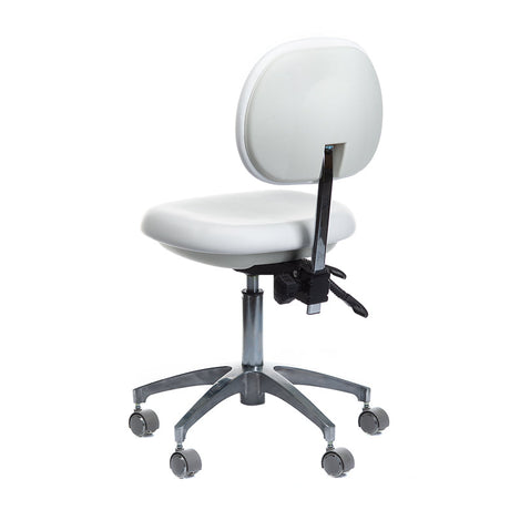 White medical stool with backrest from Beauty System, featuring adjustable height and cushioned seat for clinical or salon use.