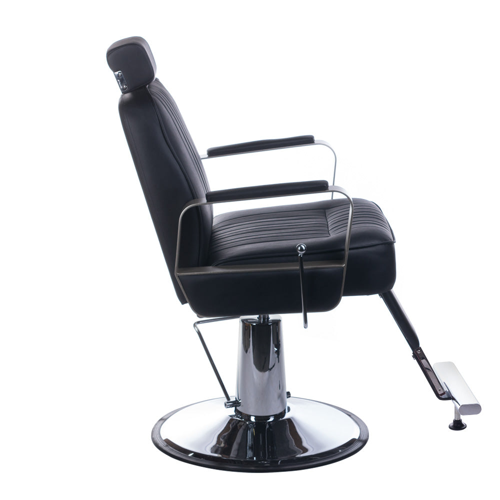 Black Barber chair HOMER BH-31237 by Beauty System featuring cushioned seat and backrest with adjustable headrest and armrests.