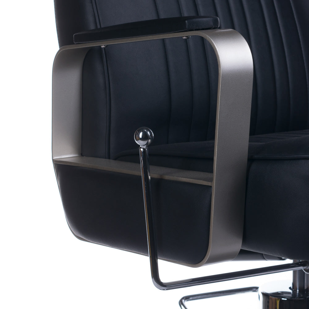 Black barber chair HOMER BH-31237 by Beauty System with adjustable headrest and padded seat for professional salon use.