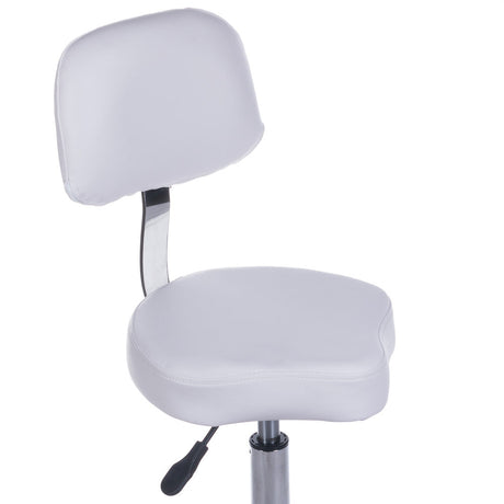 White cosmetic stool with backrest and adjustable height from Beauty System, featuring a sturdy seat and supportive design.