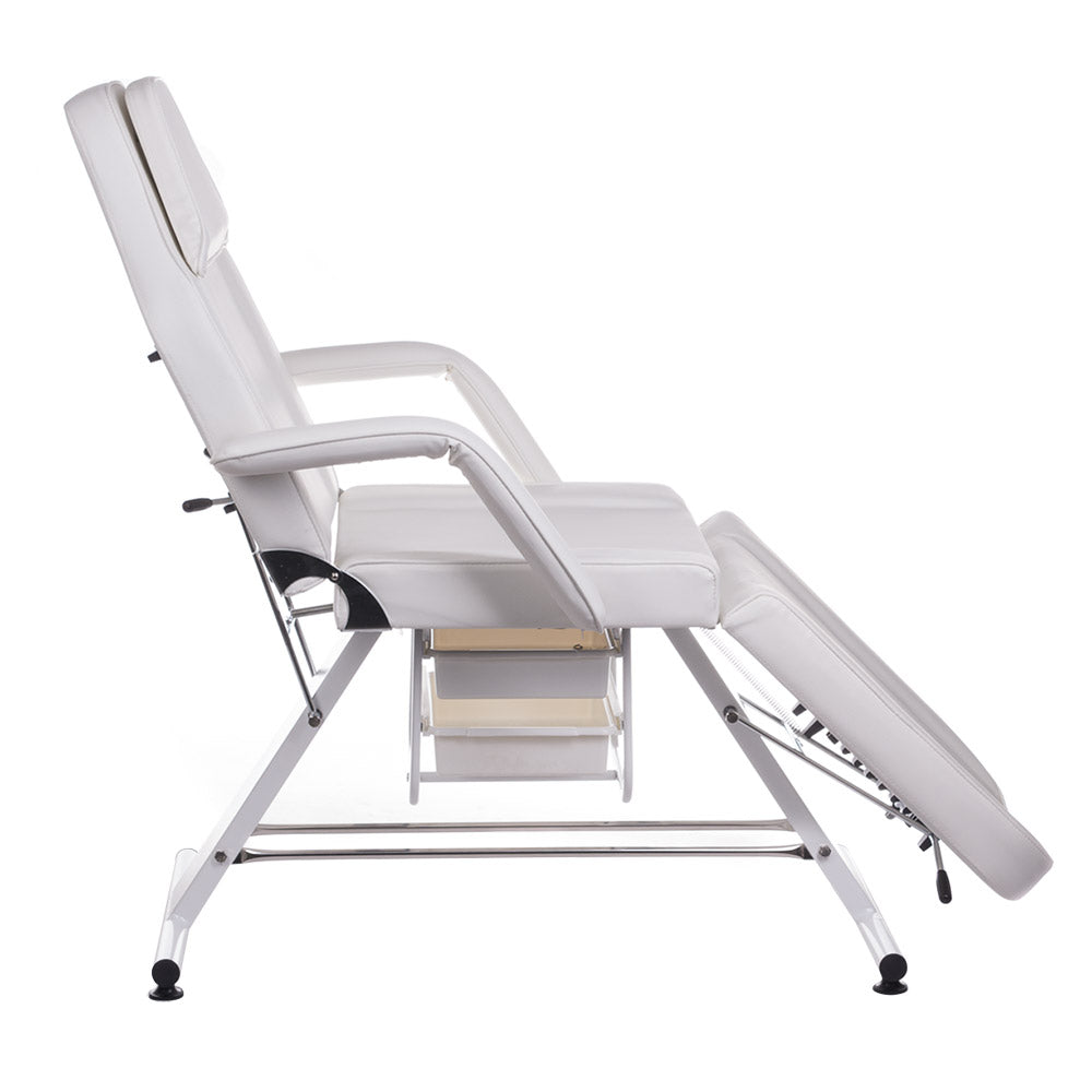 White cosmetic chair with built-in troughs, model BW-262A from Beauty System, featuring adjustable seating and sleek design.