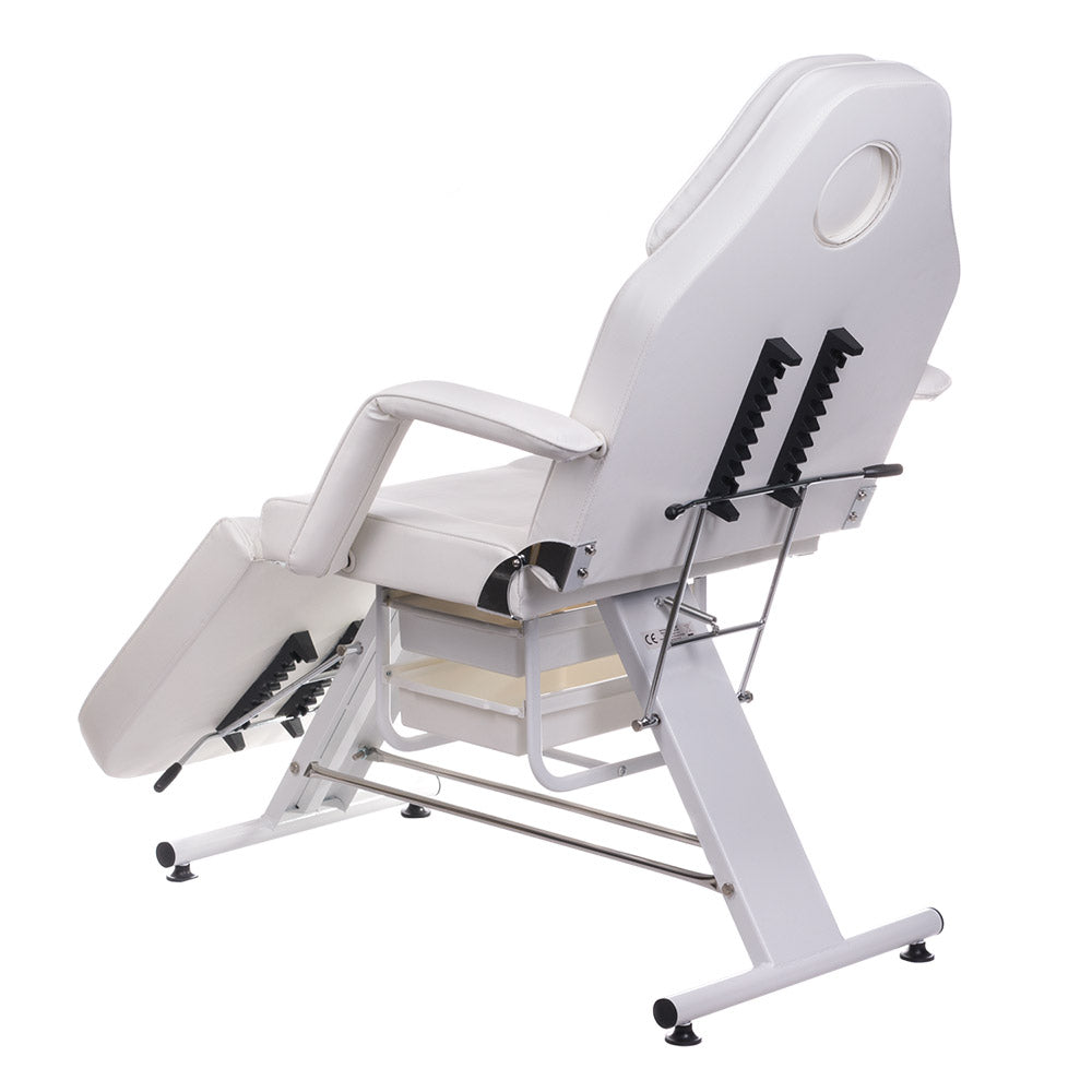 White cosmetic chair with built-in troughs from Beauty System BW-262A, featuring ergonomic design and adjustable features.