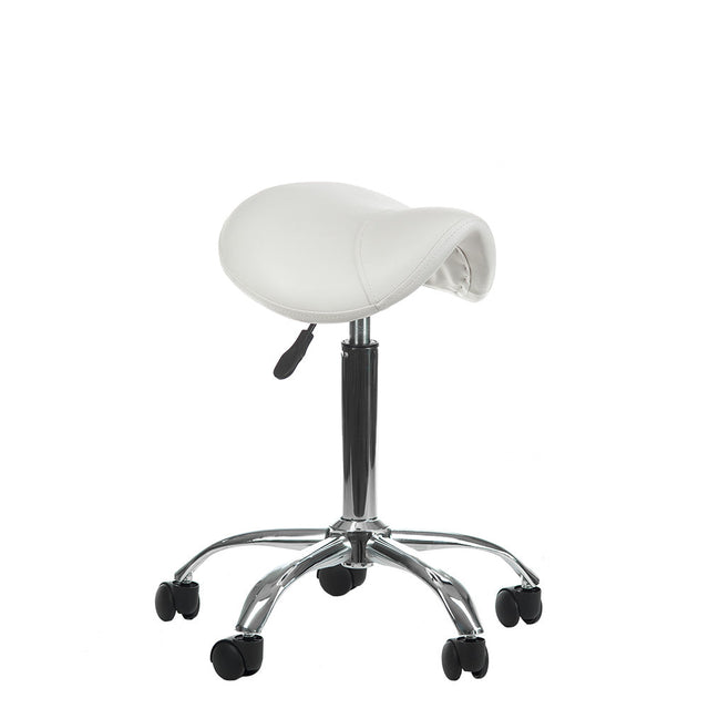 White cosmetic stool BD-9909 by Beauty System with cushioned seat and chrome base, ideal for beauty salons and makeup artists.