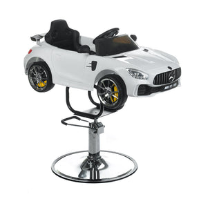 Children's Mercedes white hairdressing chair by Beauty System, featuring a sleek design with adjustable height and comfortable seating.