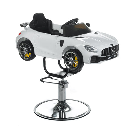 Children's Mercedes white hairdressing chair by Beauty System, featuring a sleek design with adjustable height and comfortable seating.