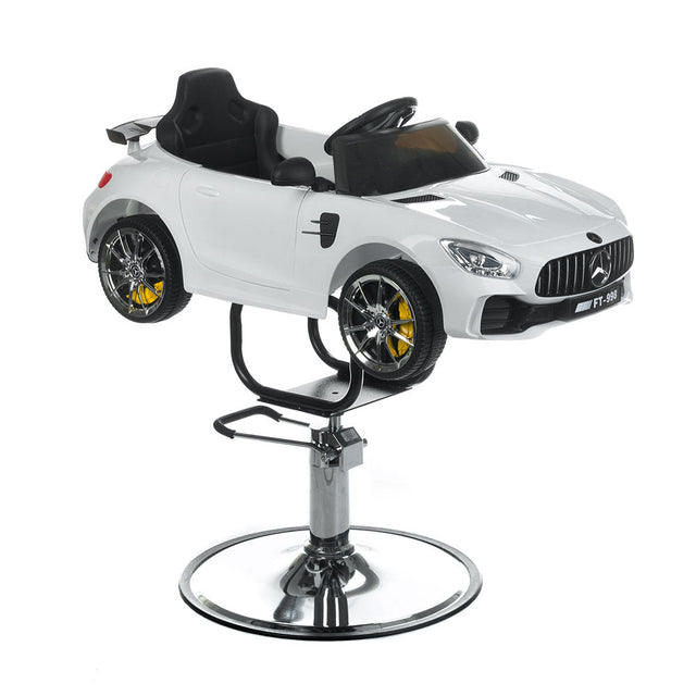Children's Mercedes white hairdressing chair by Beauty System, featuring a sleek design with adjustable height and comfortable seating.