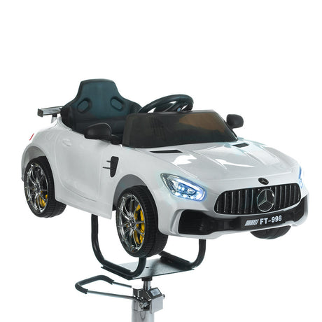 Children's Mercedes white hairdressing chair by Beauty System with adjustable height and comfortable cushioned seat.