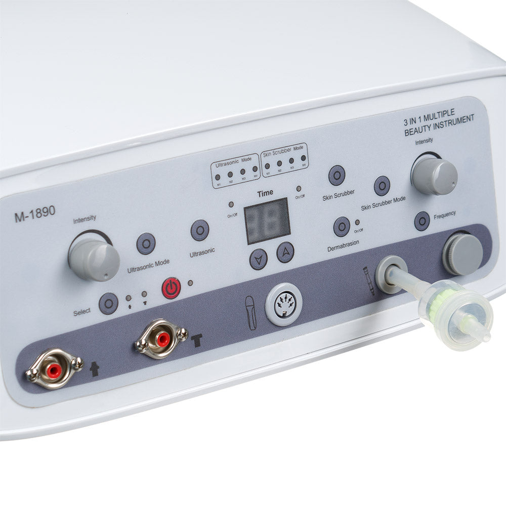 Beauty System 3-in-1 Microdermabrasion, Peeling, and Ultrasonic device in gray, showing the sleek handheld skincare tool.