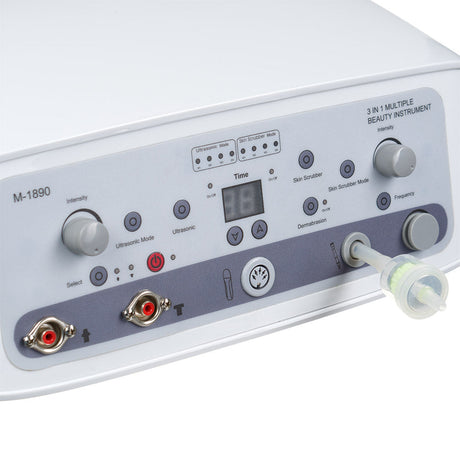 Beauty System 3-in-1 Microdermabrasion, Peeling, and Ultrasonic device in gray, showing the sleek handheld skincare tool.