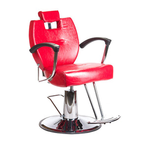 Red barber chair HEKTOR BH-3208 by Beauty System with cushioned seat and adjustable height for salon styling.