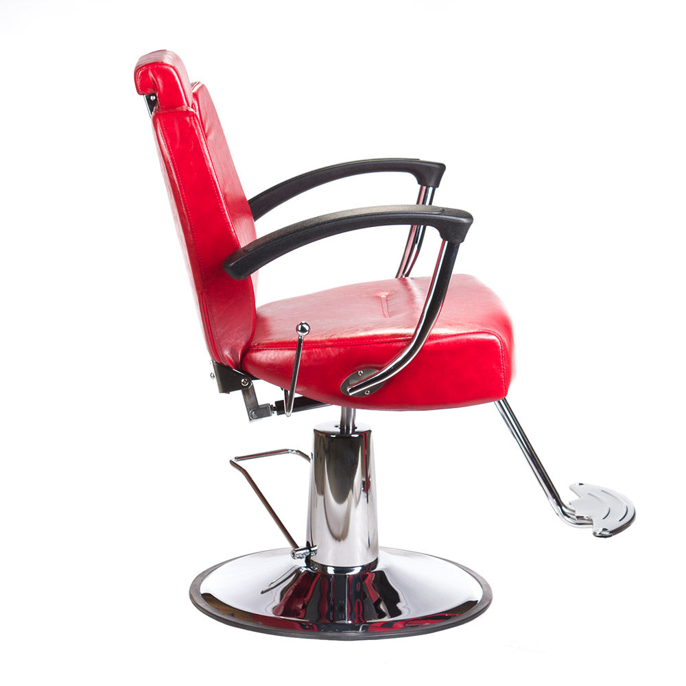 Red barber chair HEKTOR BH-3208 by Beauty System with cushioned seat, armrests, and adjustable height for salon use.