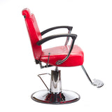 Red barber chair HEKTOR BH-3208 by Beauty System with cushioned seat, armrests, and adjustable height for salon use.
