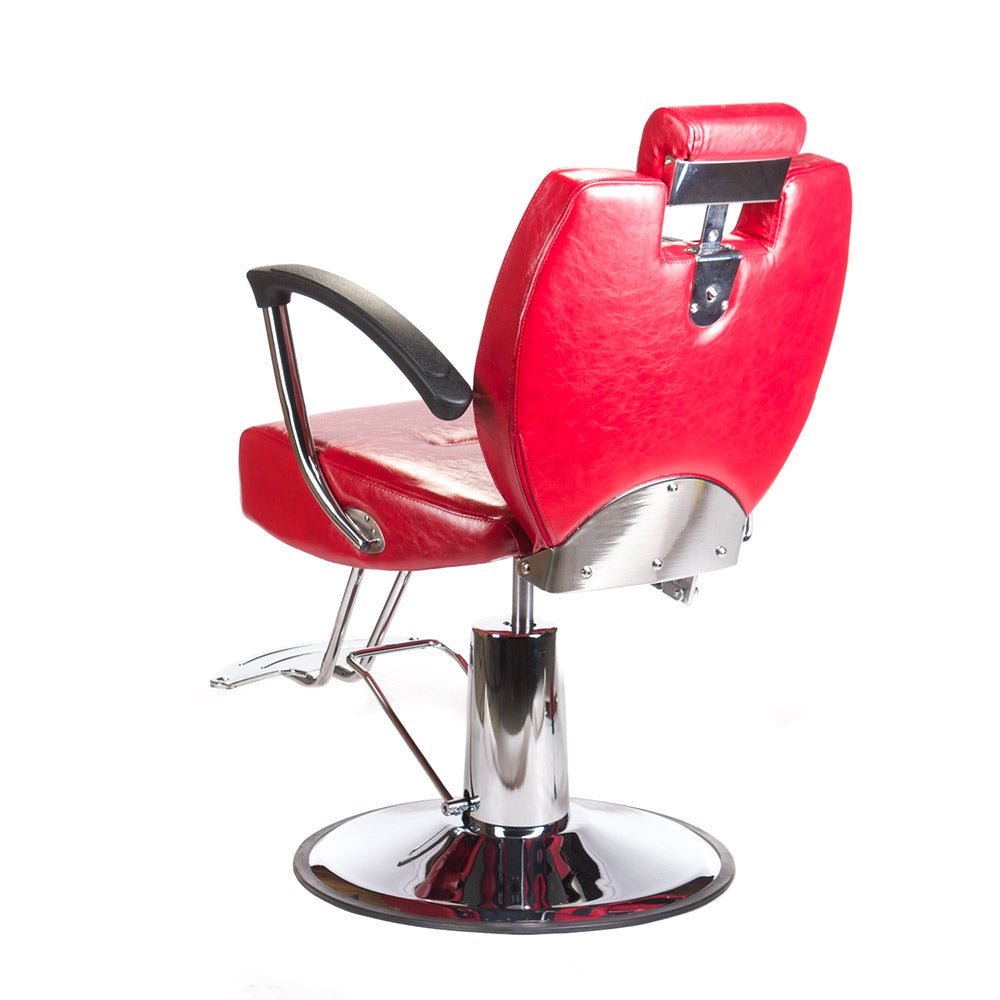 Red Barber chair HEKTOR BH-3208 by Beauty System with padded seat and backrest, hydraulic base, and adjustable height for salons.